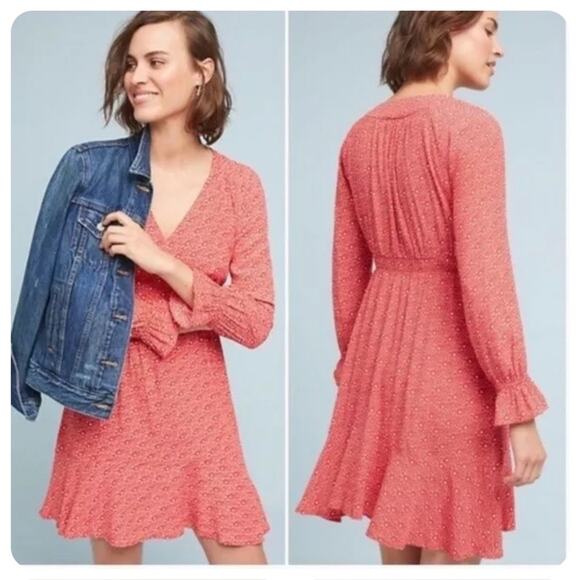 5/$30 Anthropologie Maeve Monaco Long Sleeve Mini Dress Floral Red XS - Picture 1 of 7